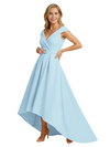 Mother of The Groom Dress Fancy Cap Sleeve Crepe High-Low A-Line Gown Elegant Belt Accent