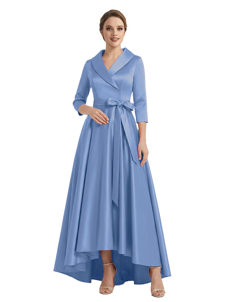 Modern High-Low 3/4 Sleeves Satin Mother Of The Bride Dress With Bow Knot