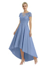 Elegant Mother of The Bride Dress Scoop Short Sleeve Lace Satin High-Low A-Line Gown