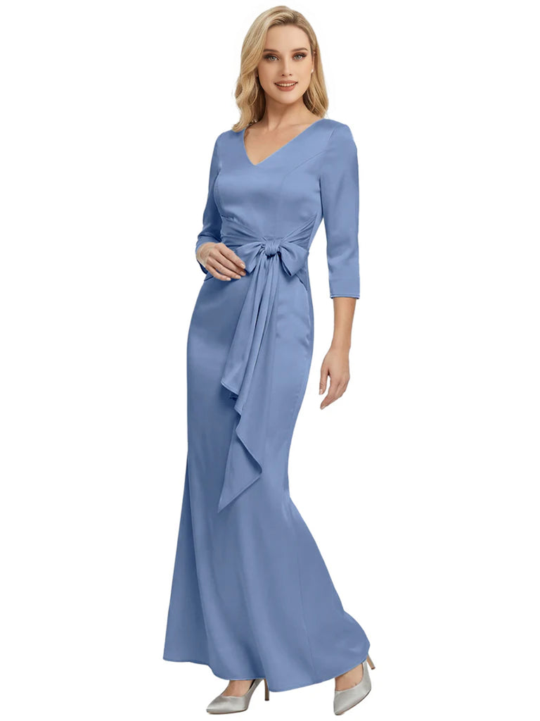 Mother of The Bride Dress Elegant V-Neck 3/4 Sleeve Satin Trumpet Maxi Gown