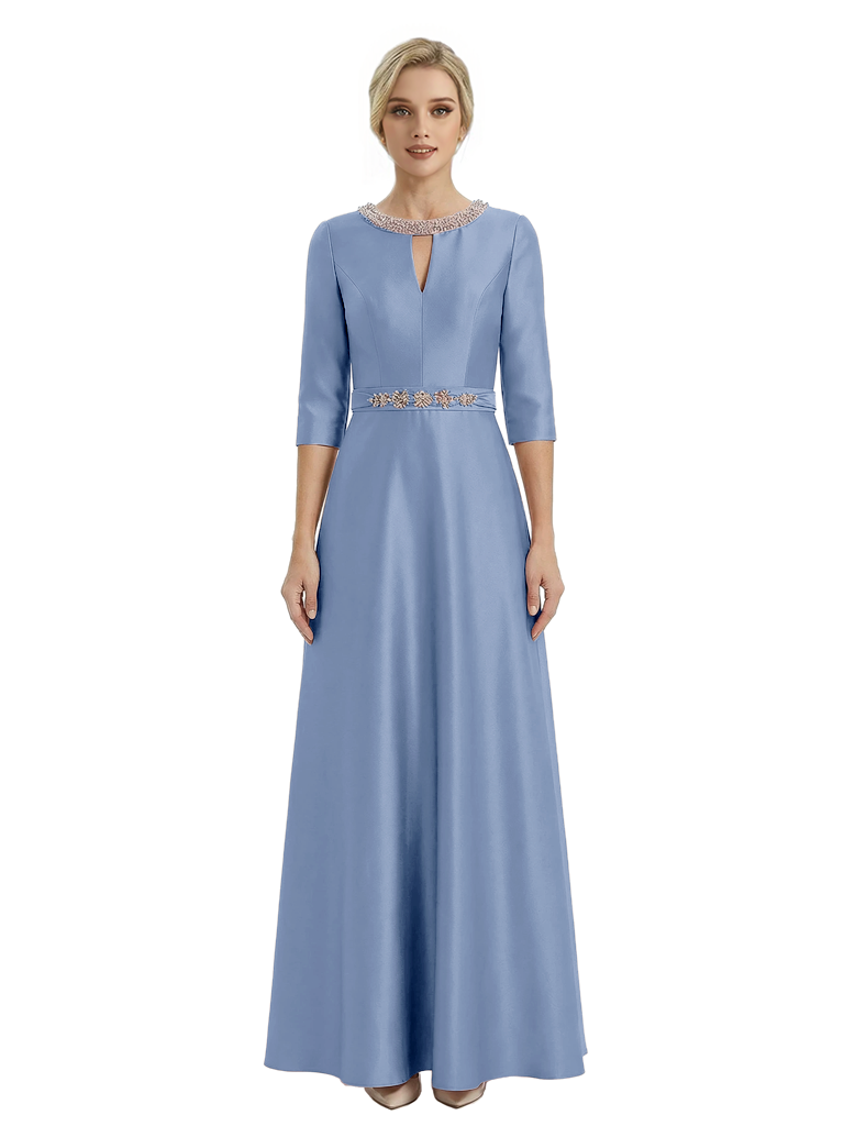 Sophisticated 3/4 Sleeves Beaded A-Line Satin Mother Of The Bride Dress