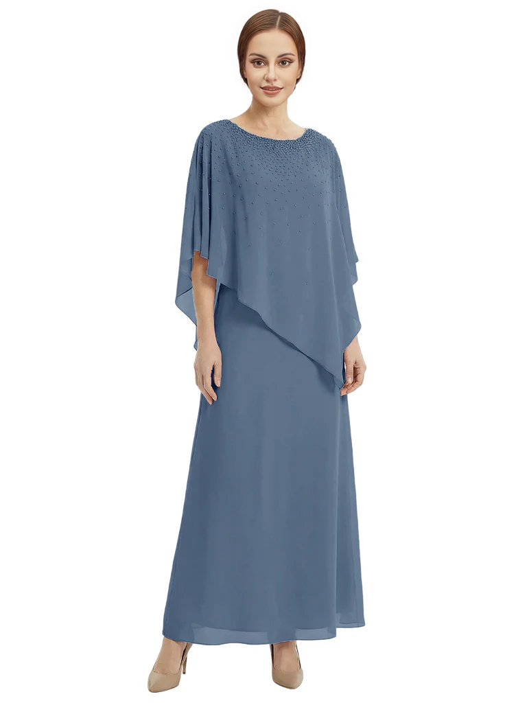 Classy Beaded Chiffon Overlay Poncho Style Mother of the Bride Gown