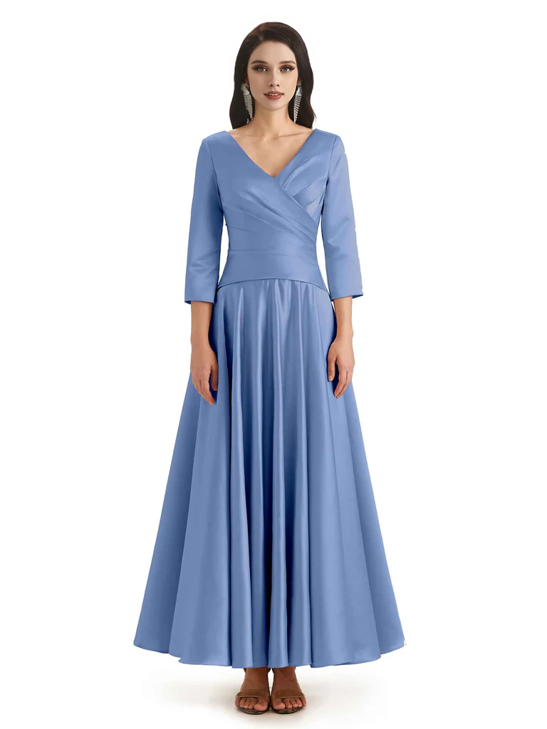 Elegant Soft Satin 3/4 Sleeves V-Neck Ankle Length Mother of The Bride Dresses