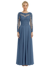 Mother of The Bride Dresses Scoop Long Sleeve Lace Chiffon Maxi Gown Pretty Embroidered Formal Wedding Event Attire