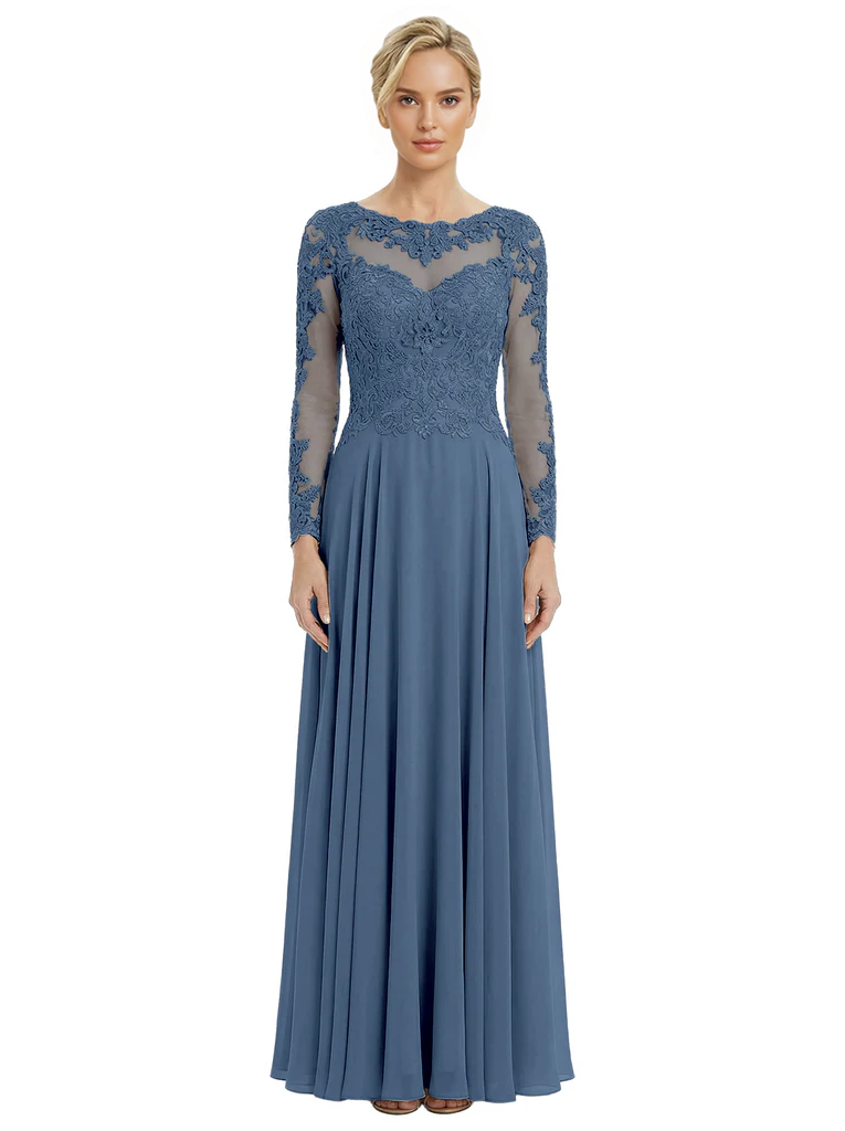 Mother of The Bride Dresses Scoop Long Sleeve Lace Chiffon Maxi Gown Pretty Embroidered Formal Wedding Event Attire
