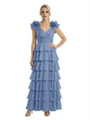 Mother of The Bride Dresses V-Neck Sleeveless Satin Tiered Maxi Gown Unique Flower Detailed Formal Wedding Event Attire