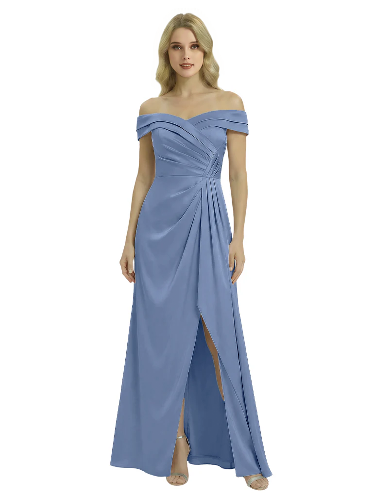 Off The Shoulder Mother Of The Groom Dresses Side Slit Satin Ruched A-Line Gown