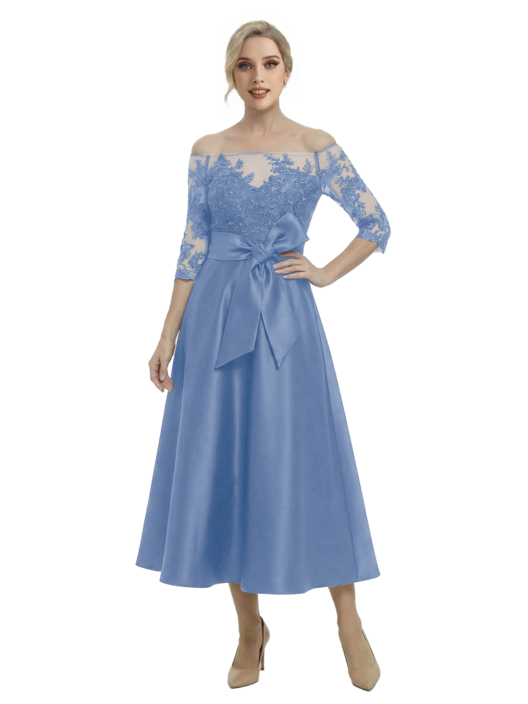 Unique Off Shoulder Tea-Length Satin Mother Of The Bride Dress With Lace Illusion