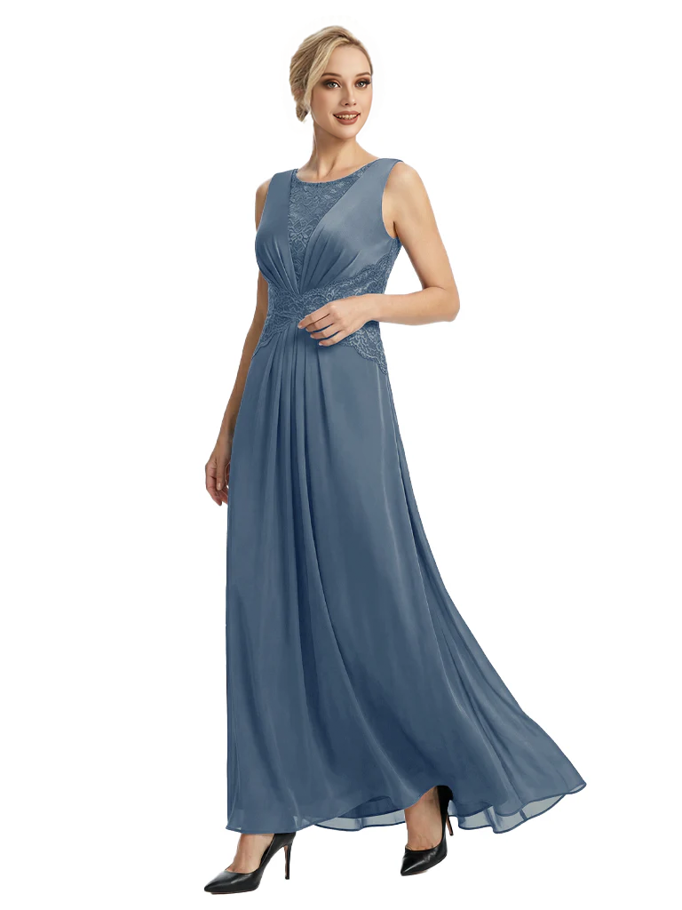 Mother of The Bride Dresses Scoop Sleeveless Lace Chiffon Maxi Gown Classy Ruched Formal Wedding Event Dress