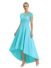 Elegant Mother of The Bride Dress Scoop Short Sleeve Lace Satin High-Low A-Line Gown