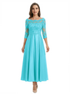 Mother of The Groom Dress Off Shoulder 3/4 Sleeve Lace Satin Midi Gown Classy Pleated