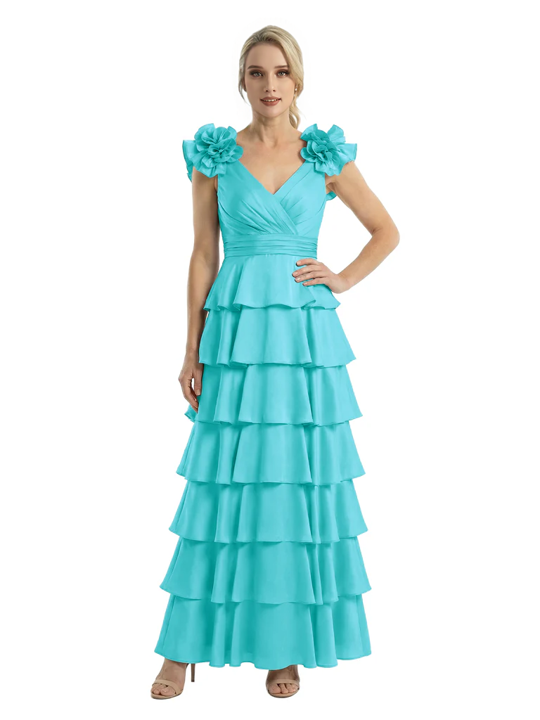 Mother of The Bride Dresses V-Neck Sleeveless Satin Tiered Maxi Gown Unique Flower Detailed Formal Wedding Event Attire