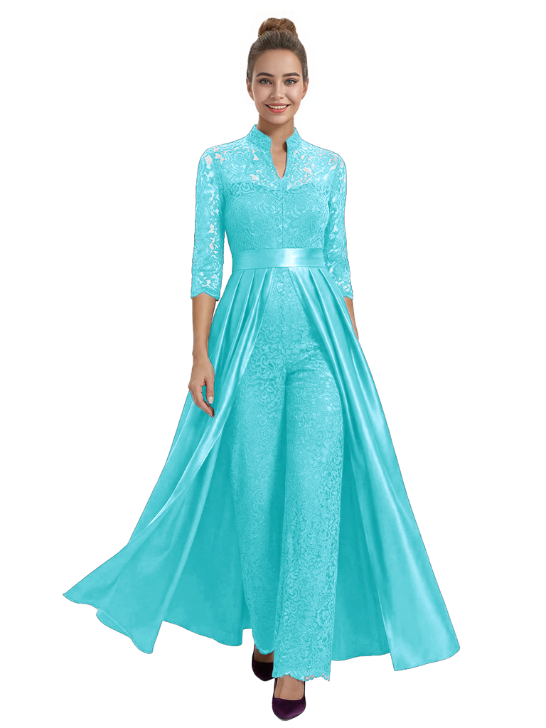 Mother of The Groom Outfit V-Neck 3/4 Sleeve Lace Pantsuit Satin Overskirt