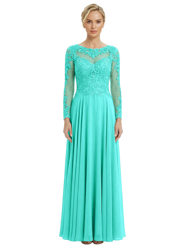 Mother of The Bride Dresses Scoop Long Sleeve Lace Chiffon Maxi Gown Pretty Embroidered Formal Wedding Event Attire