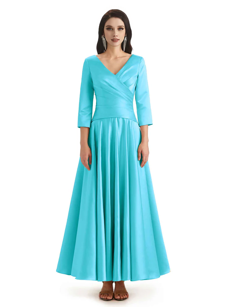 Elegant Soft Satin 3/4 Sleeves V-Neck Ankle Length Mother of The Bride Dresses