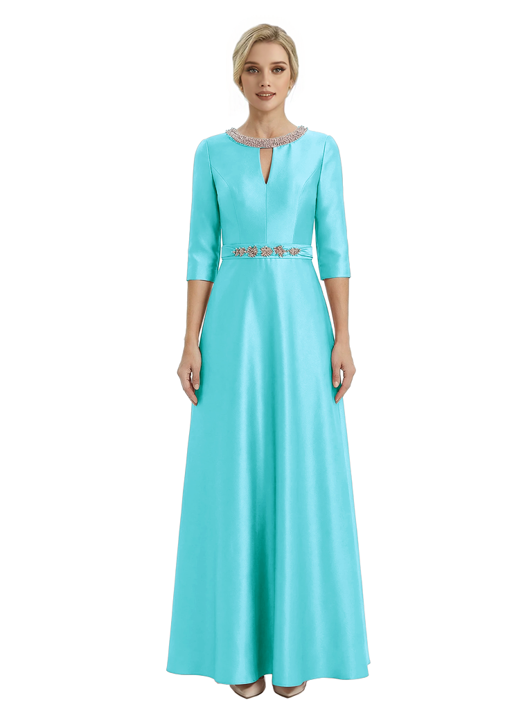 Sophisticated 3/4 Sleeves Beaded A-Line Satin Mother Of The Bride Dress