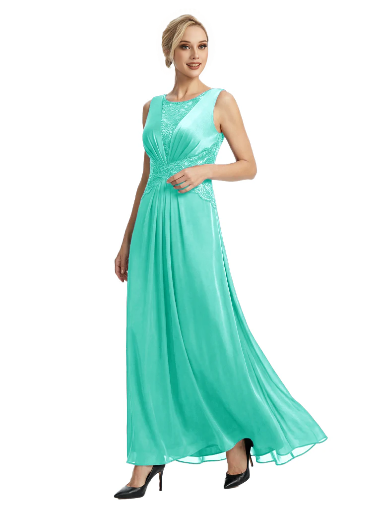 Mother of The Bride Dresses Scoop Sleeveless Lace Chiffon Maxi Gown Classy Ruched Formal Wedding Event Dress