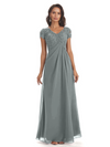 Elegant Short Sleeves Beaded Pleats A-line Floor-Length Mother of The Bride Dresses