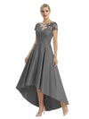 Elegant Mother of The Bride Dress Scoop Short Sleeve Lace Satin High-Low A-Line Gown