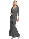 Mother of The Bride Dress Elegant V-Neck 3/4 Sleeve Satin Trumpet Maxi Gown