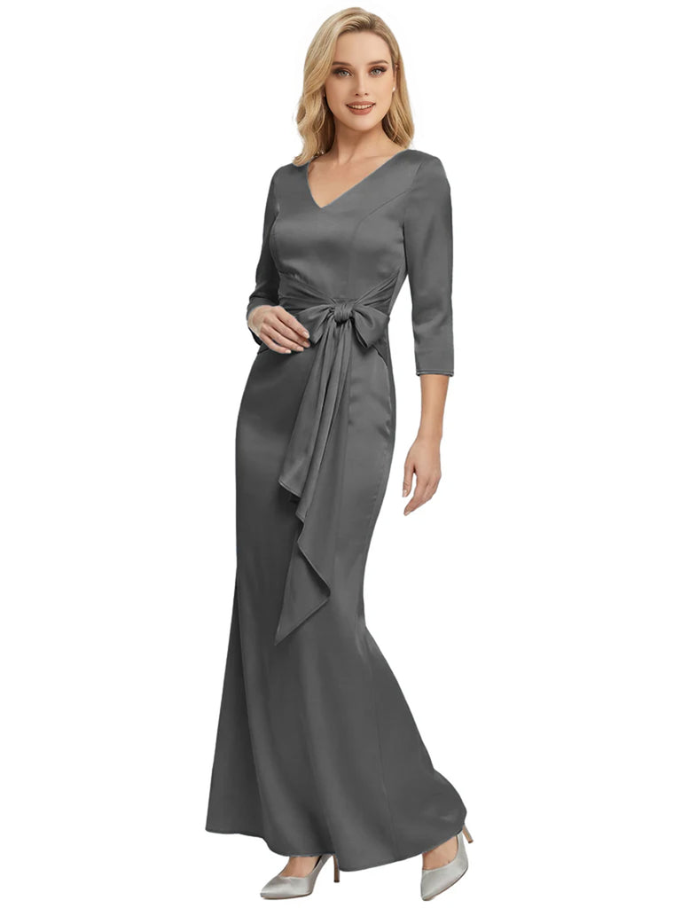 Mother of The Bride Dress Elegant V-Neck 3/4 Sleeve Satin Trumpet Maxi Gown
