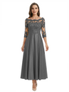 Mother of The Groom Dress Off Shoulder 3/4 Sleeve Lace Satin Midi Gown Classy Pleated