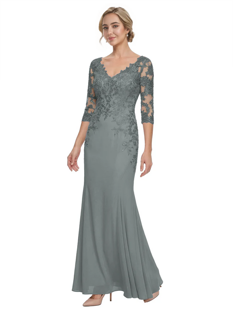 Mother of The Bride Gown V-Neck Half Sleeve Lace Chiffon Trumpet Maxi Dress Unique Sophisticated