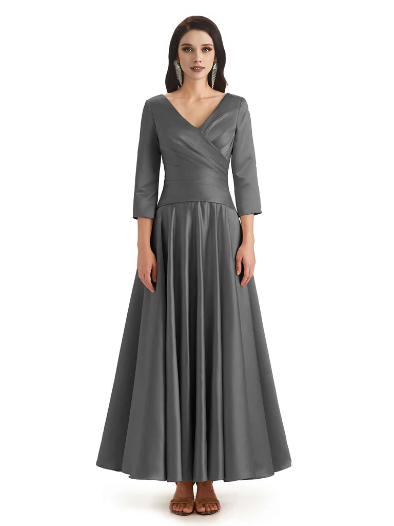 Elegant Soft Satin 3/4 Sleeves V-Neck Ankle Length Mother of The Bride Dresses