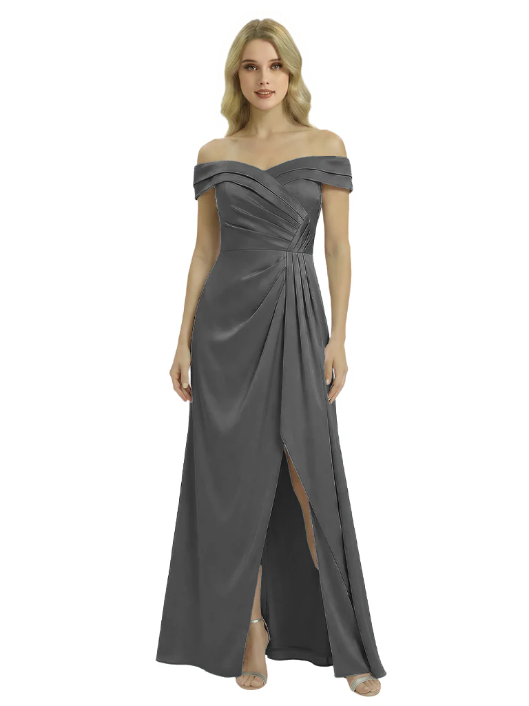 Off The Shoulder Mother Of The Groom Dresses Side Slit Satin Ruched A-Line Gown