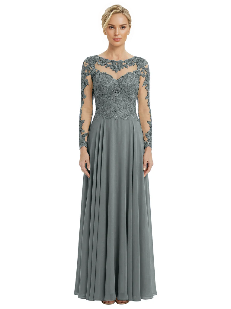 Mother of The Bride Dresses Scoop Long Sleeve Lace Chiffon Maxi Gown Pretty Embroidered Formal Wedding Event Attire