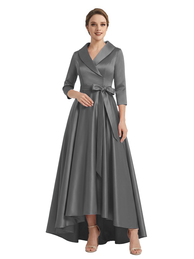 Modern High-Low 3/4 Sleeves Satin Mother Of The Bride Dress With Bow Knot