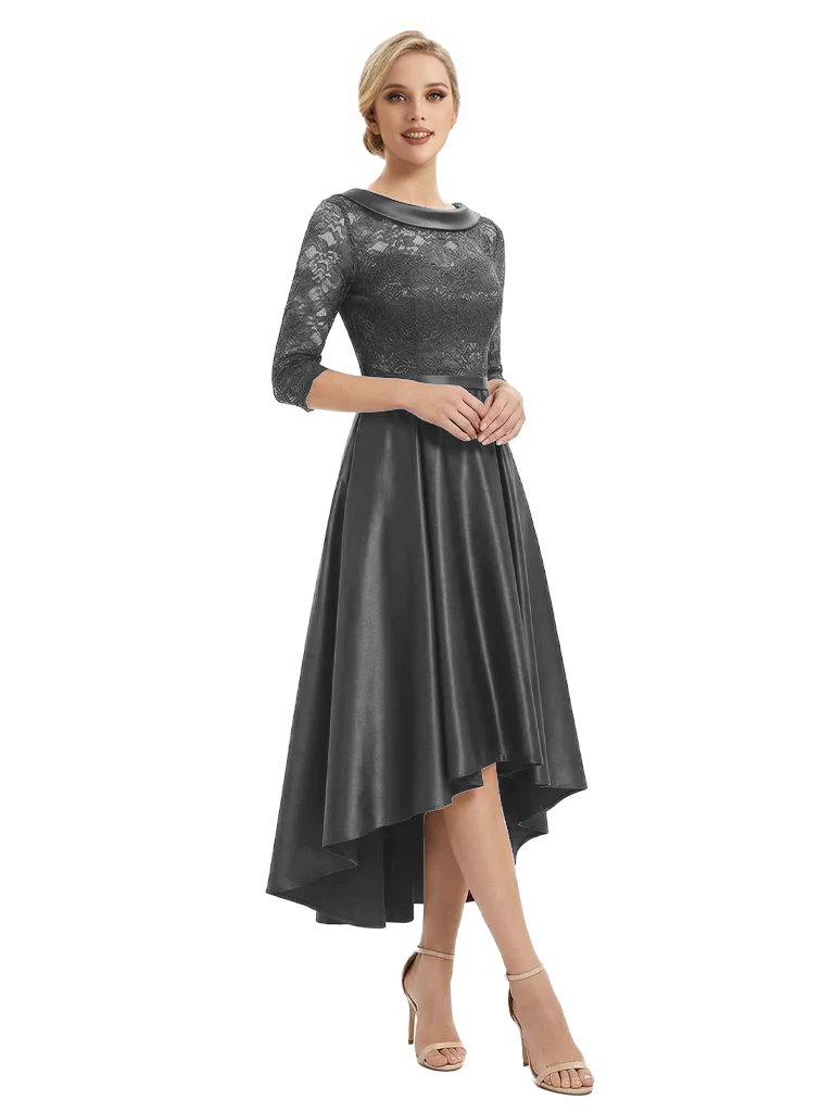 Elegant Boat Neck Satin Lace Mother Of The Bride Dresses High-Low A-Line Gowns