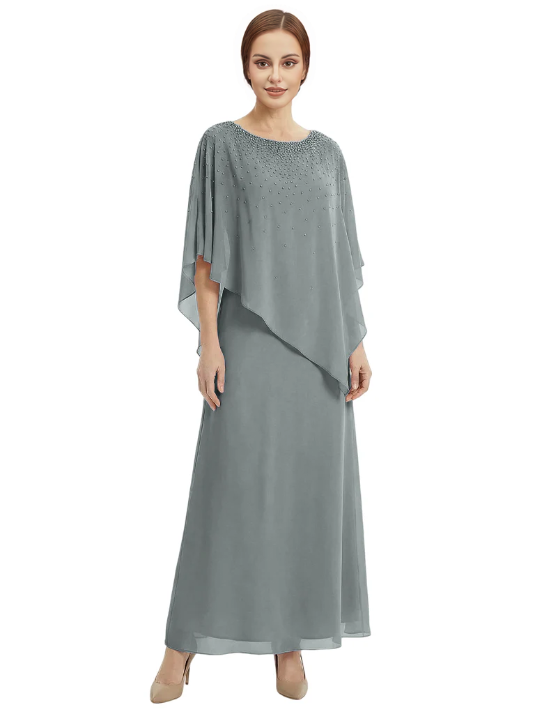 Classy Beaded Chiffon Overlay Poncho Style Mother of the Bride Gown