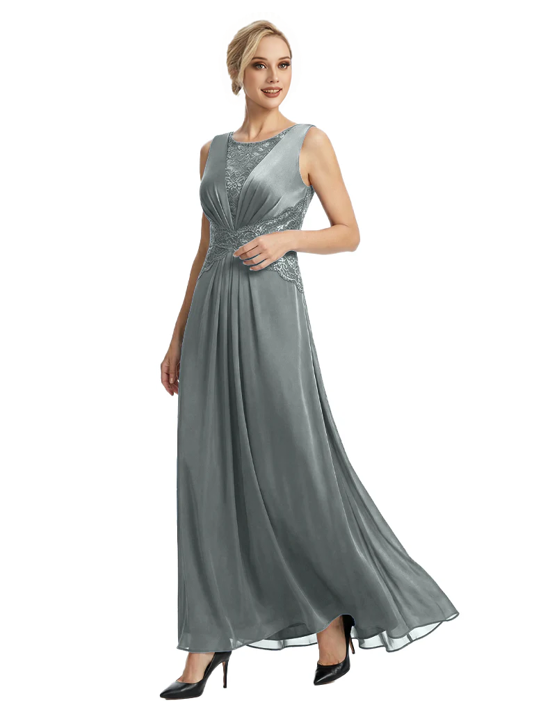 Mother of The Bride Dresses Scoop Sleeveless Lace Chiffon Maxi Gown Classy Ruched Formal Wedding Event Dress