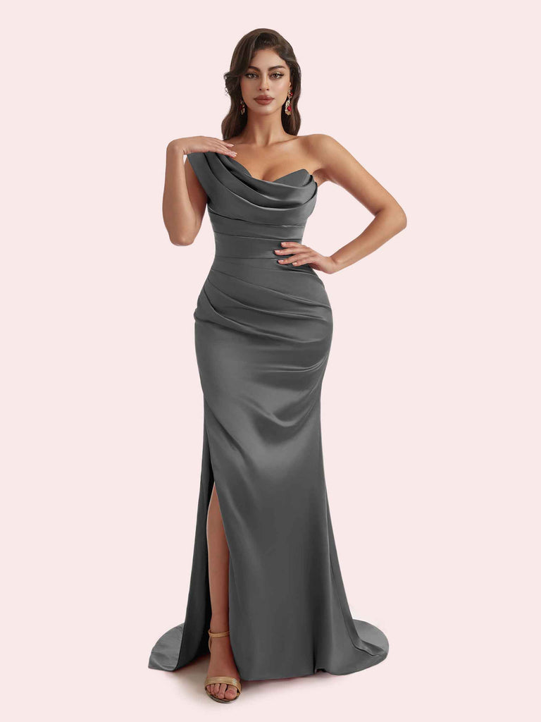 Q Elegant Mermaid Pleats Side Slit One Shoulder Soft Satin Long Bridesmaid Dress For Wedding- Cetims Steel-Grey