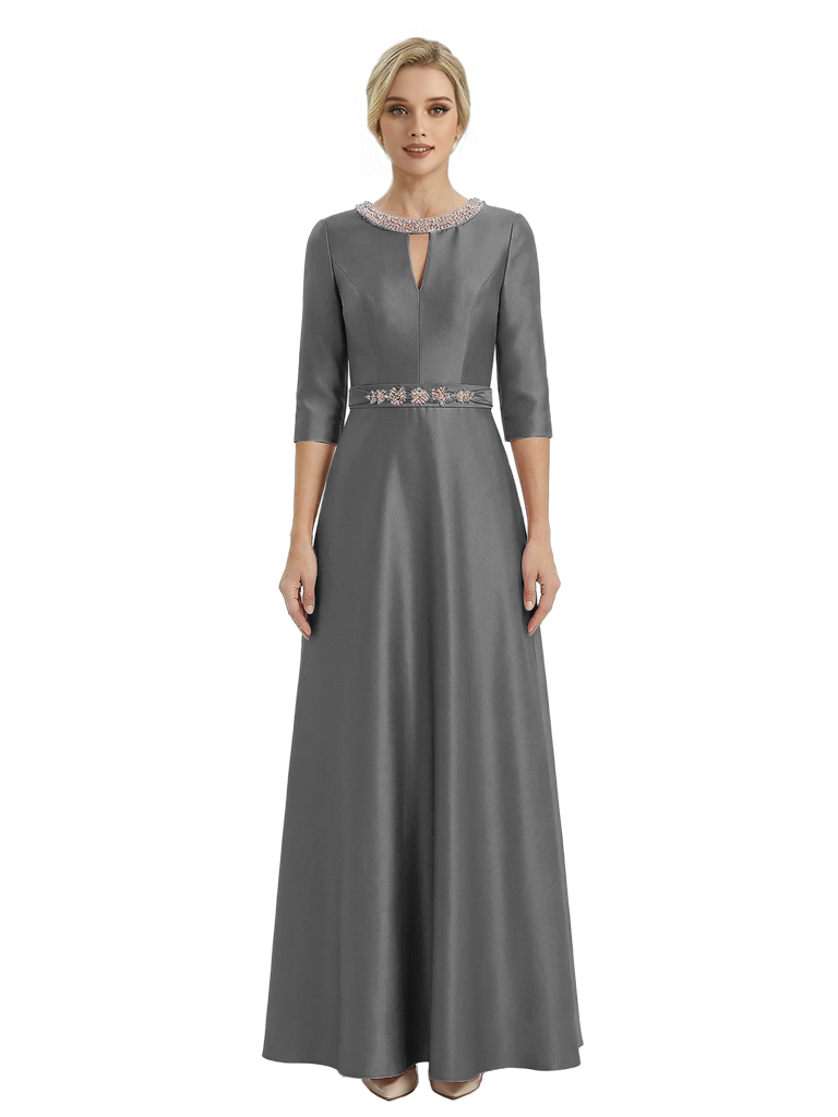 Sophisticated 3/4 Sleeves Beaded A-Line Satin Mother Of The Bride Dress