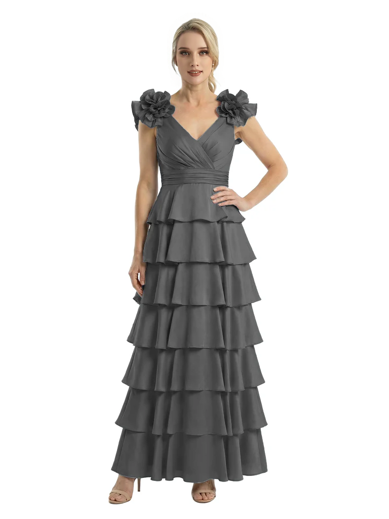 Mother of The Bride Dresses V-Neck Sleeveless Satin Tiered Maxi Gown Unique Flower Detailed Formal Wedding Event Attire