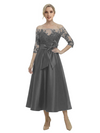 Unique Off Shoulder Tea-Length Satin Mother Of The Bride Dress With Lace Illusion
