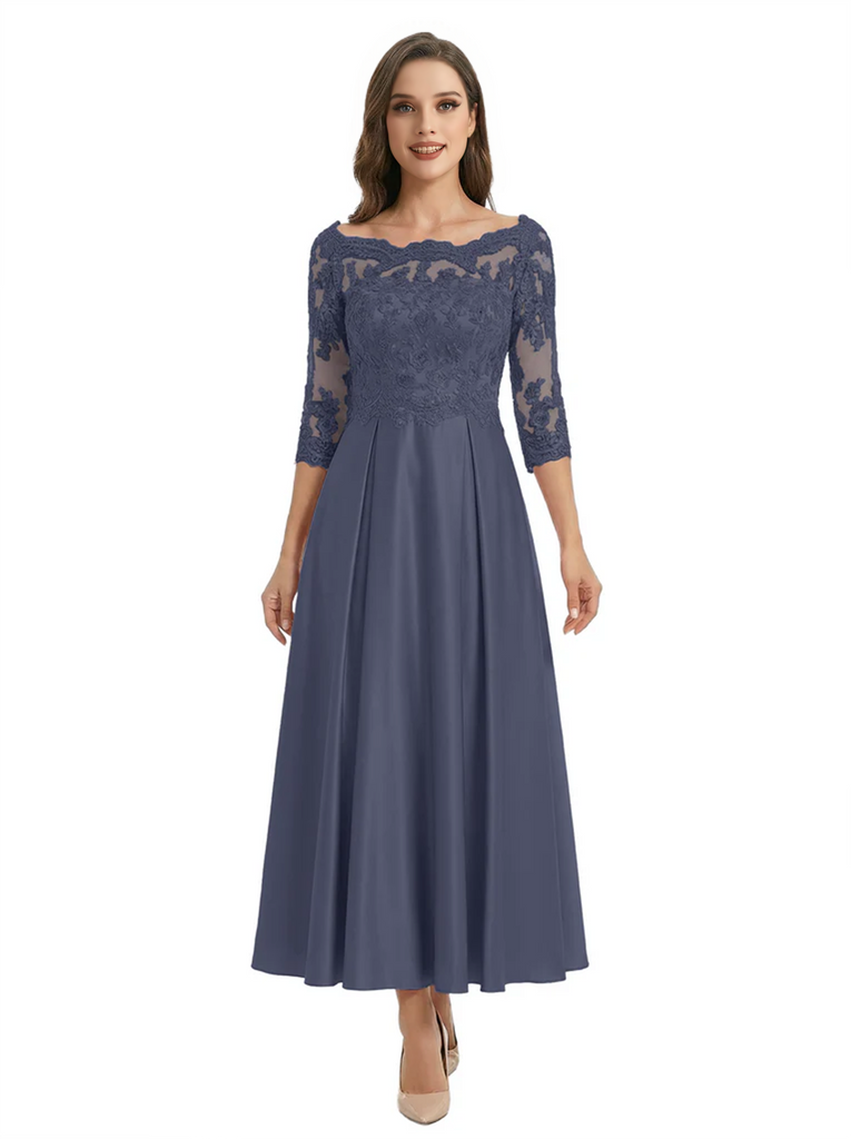 Mother of The Groom Dress Off Shoulder 3/4 Sleeve Lace Satin Midi Gown Classy Pleated