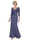 Mother of The Bride Gown V-Neck Half Sleeve Lace Chiffon Trumpet Maxi Dress Unique Sophisticated