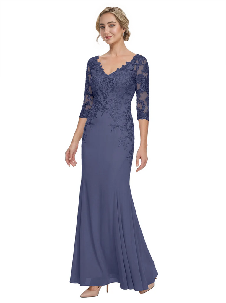 Mother of The Bride Gown V-Neck Half Sleeve Lace Chiffon Trumpet Maxi Dress Unique Sophisticated
