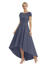 Elegant Mother of The Bride Dress Scoop Short Sleeve Lace Satin High-Low A-Line Gown