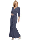 Mother of The Bride Dress Elegant V-Neck 3/4 Sleeve Satin Trumpet Maxi Gown
