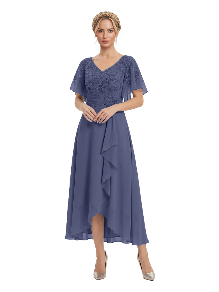 Unique Flutter Sleeves Lace Beaded Short Mother of the Groom Dresses