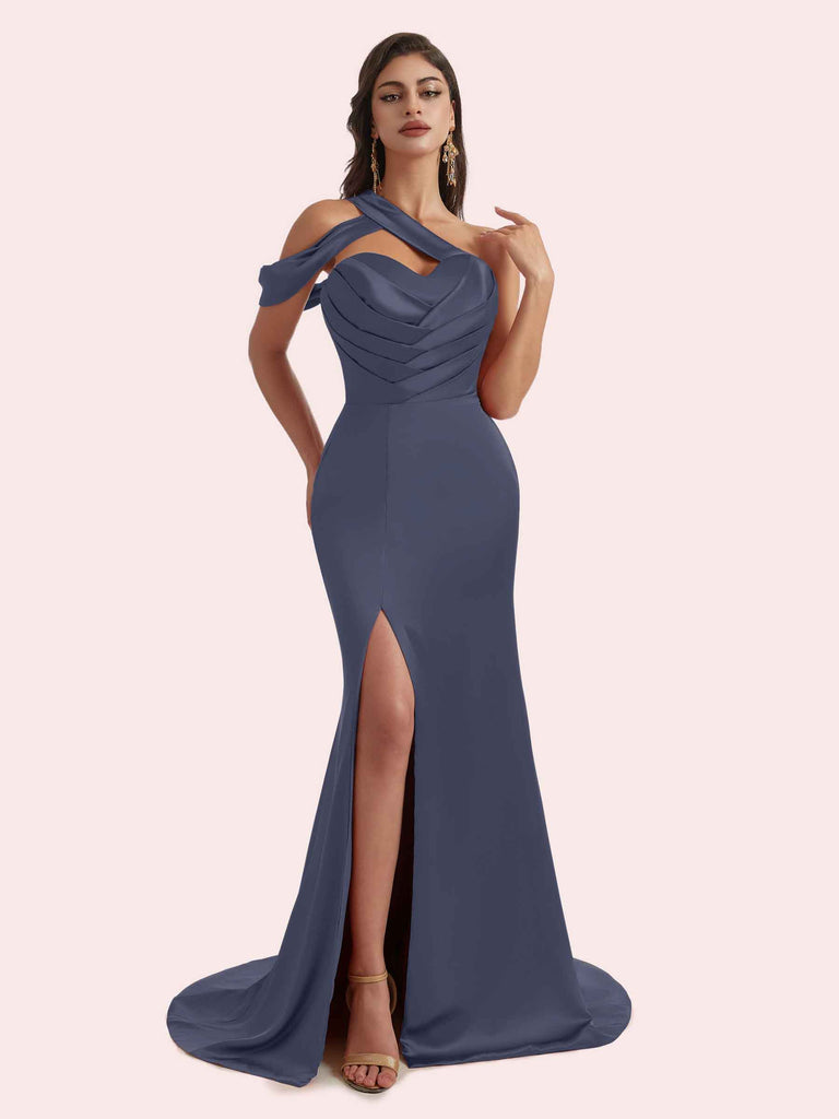 Elegant Mermaid Sweetheart Side Slit Pleats Off Shoulder Soft Satin Long Bridesmaid Dress Online Elegant Mermaid Sweetheart Side Slit Pleats Off Shoulder Soft Satin Long Bridesmaid Dress Online