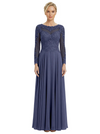 Mother of The Bride Dresses Scoop Long Sleeve Lace Chiffon Maxi Gown Pretty Embroidered Formal Wedding Event Attire