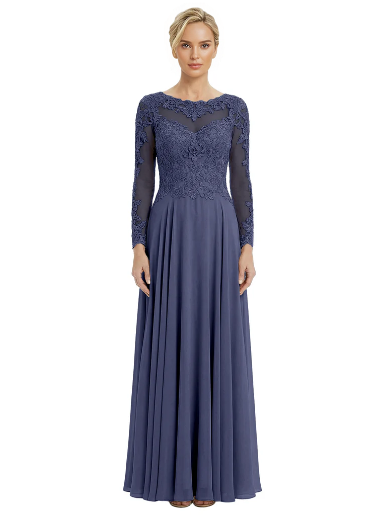 Mother of The Bride Dresses Scoop Long Sleeve Lace Chiffon Maxi Gown Pretty Embroidered Formal Wedding Event Attire