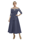 Unique Off Shoulder Tea-Length Satin Mother Of The Bride Dress With Lace Illusion