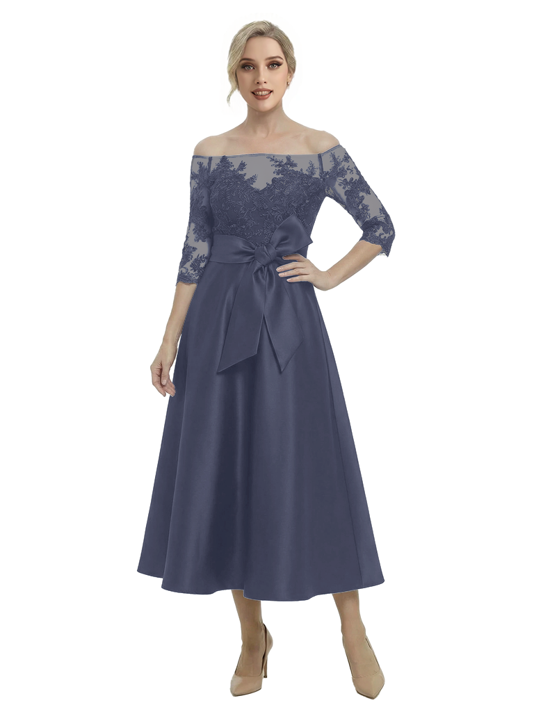Unique Off Shoulder Tea-Length Satin Mother Of The Bride Dress With Lace Illusion