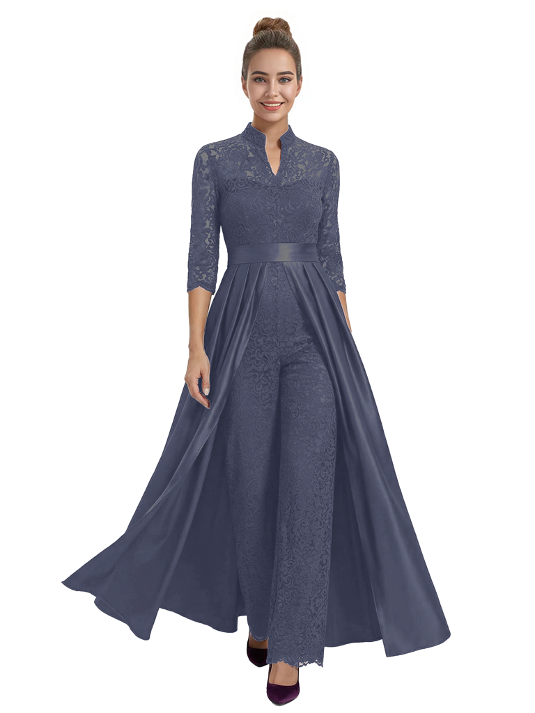Mother of The Groom Outfit V-Neck 3/4 Sleeve Lace Pantsuit Satin Overskirt